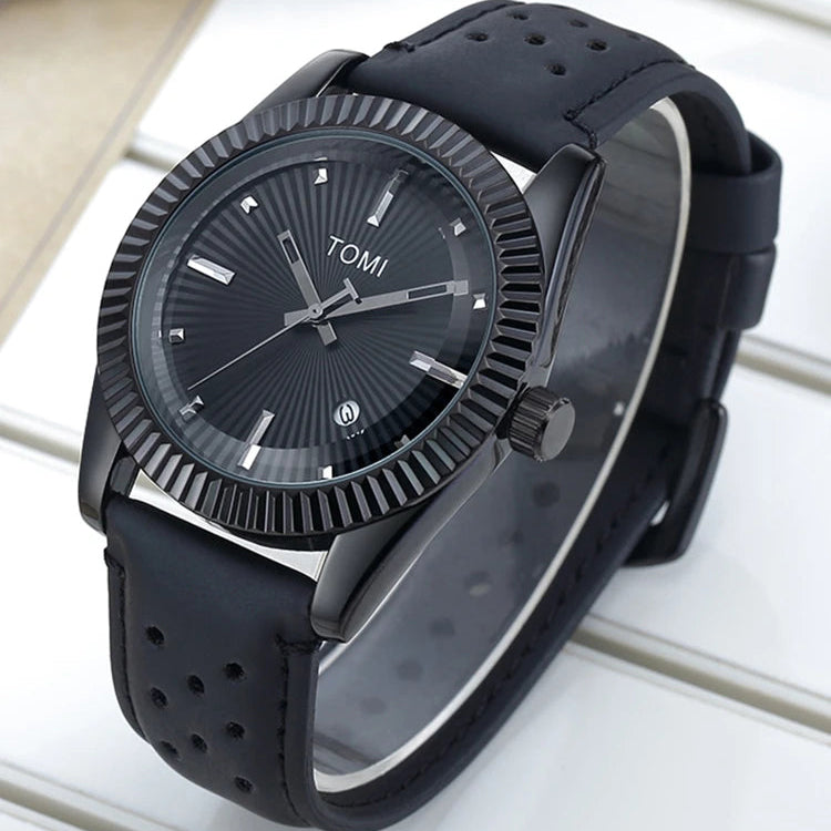 TOMI T-098 Men's Watch Date Quartz Round Shape Dial Leather Straps