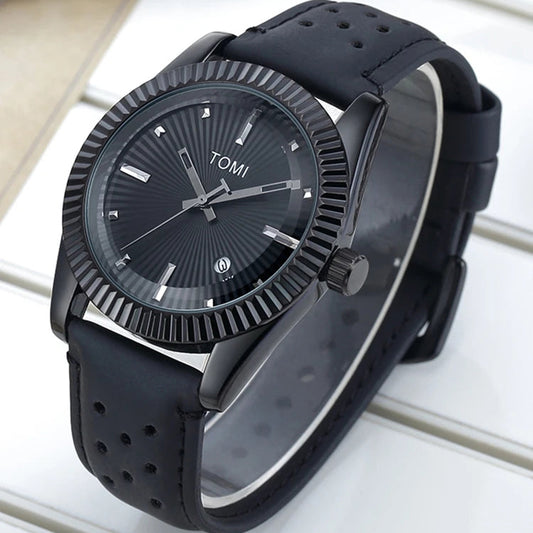 TOMI T-098 Men's Watch Date Quartz Round Shape Dial Leather Straps