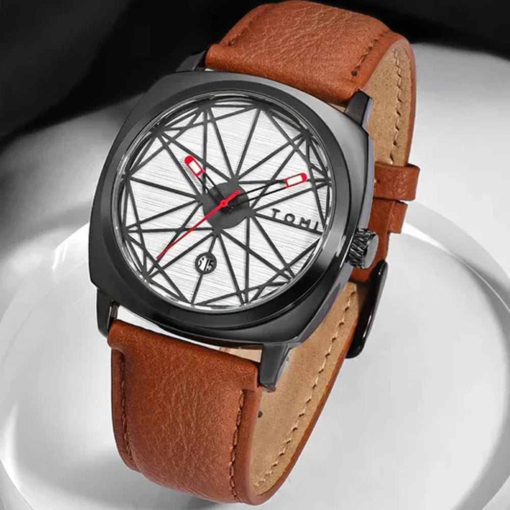 TOMI T-112 Men's Watch Date Quartz Square Dial Leather Straps