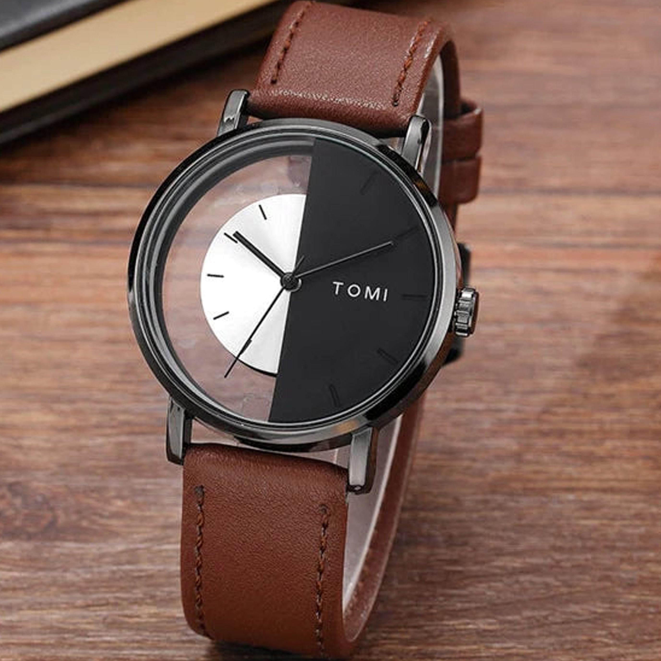 TOMI T-080 Unisex Watch Half Transparent Leather Strap